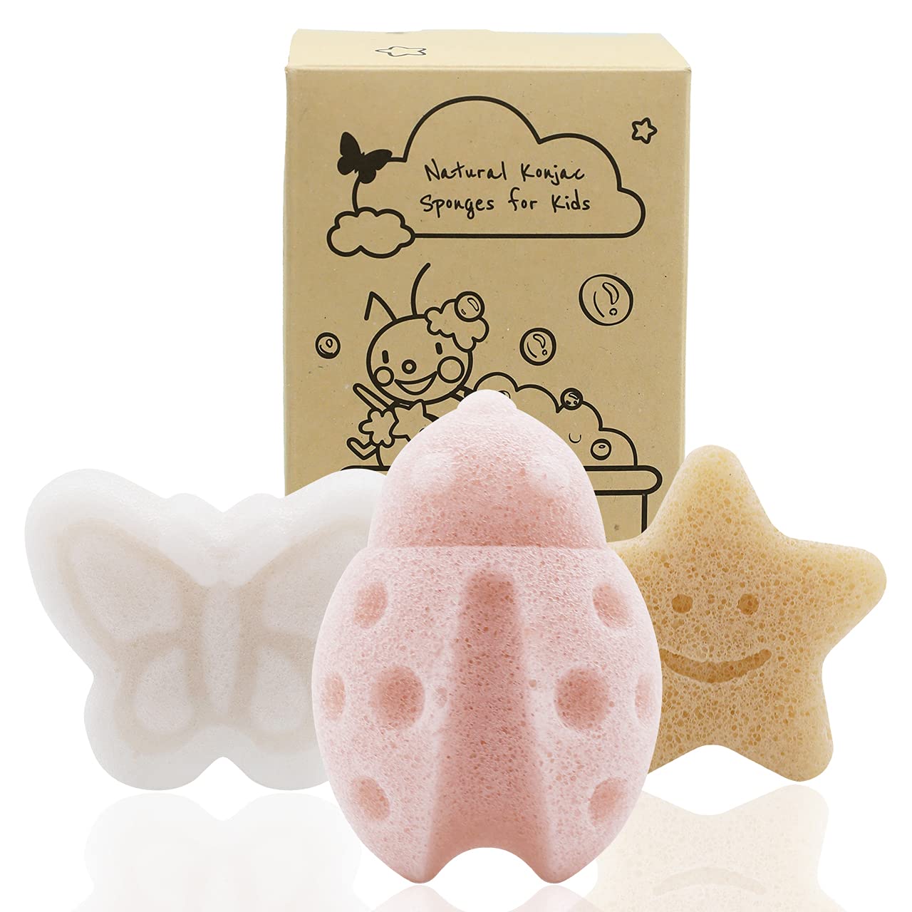 myHomeBody Konjac Baby Sponge for Bathing, Cute Shapes Natural Kids Bath Sponges for Infants, Toddler Bath Time, Natural and Safe Plant-Based Konjac Baby Bath Toys, 3pc. Set: Butterfly, Ladybug, Star