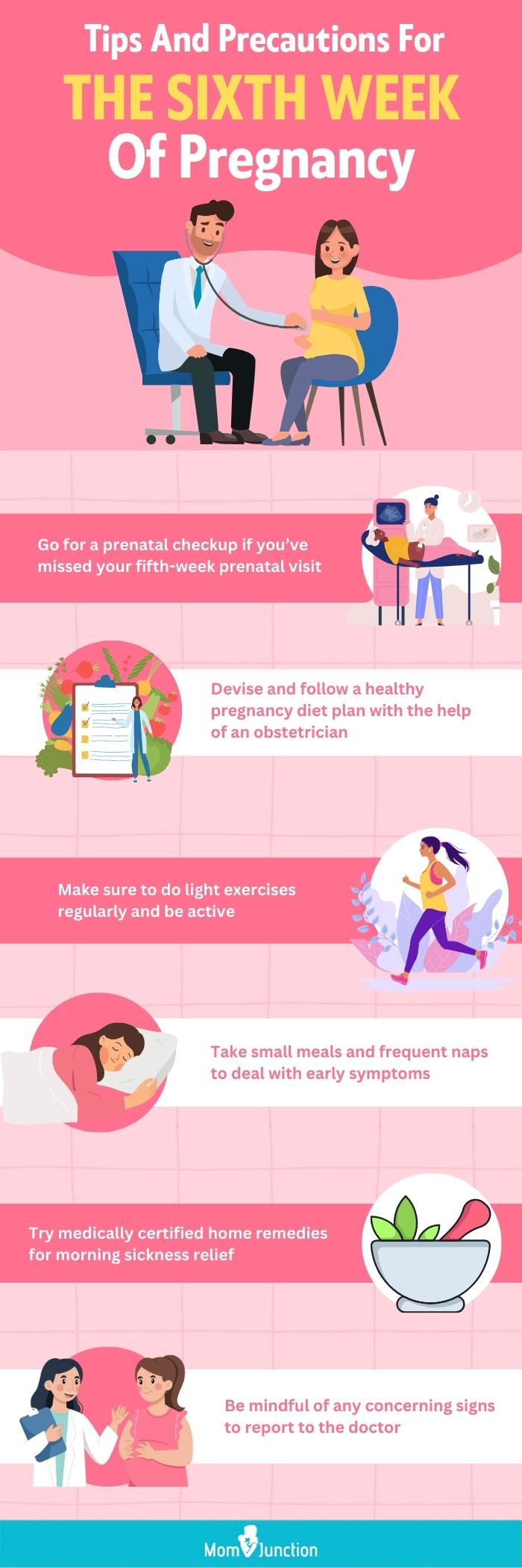 tips and precautions for the sixth week of pregnancy (infographic)