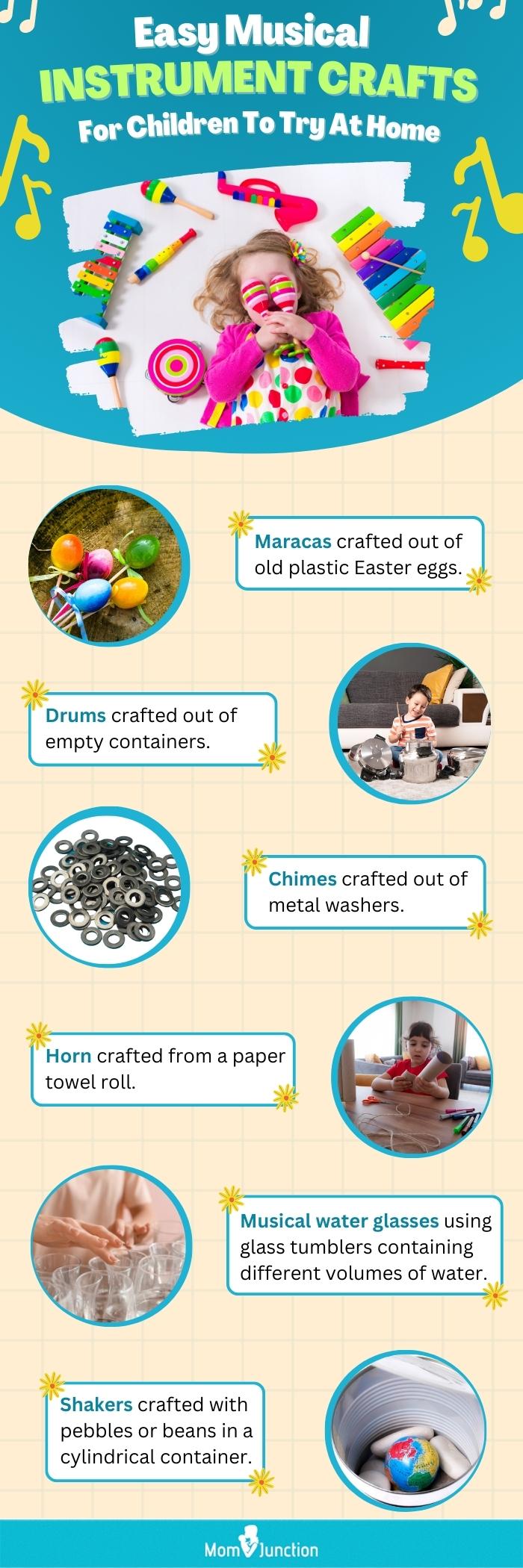 easy musical instrument crafts for children to try at home (infographic)