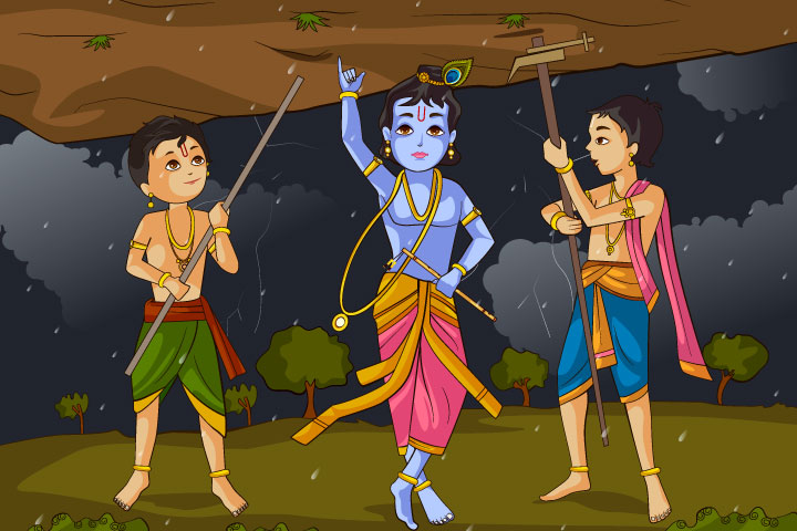 Lord Krishna lifts the Govardhan hill