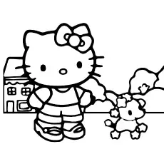 Printable Sheet of Hello Kitty Playing with Dog to Color_image