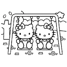 Cute Hello Kitties on a Swing Coloring Pages_image