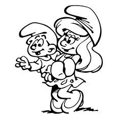 Baby Smurf in arms of Smurfette Coloring page