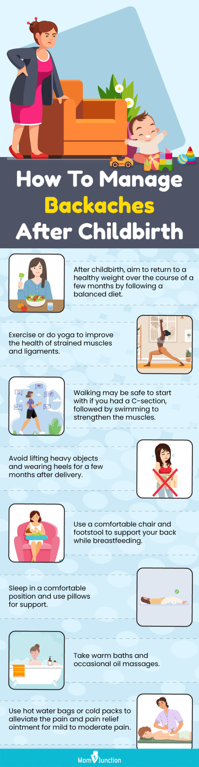 how to manage backaches after childbirth (infographic)
