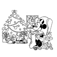 Free Printable Coloring Sheet of Minnie Mouse knitting for Christmas