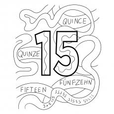 Number 15 in different Languages Coloring page