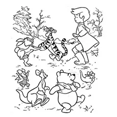 winnie the pooh and friends playing with christopher robin coloring page