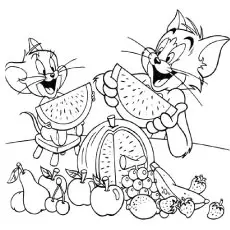 Tom and jerry enjoying fruits coloring page