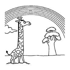 Giraffe looking at rainbow coloring page