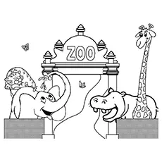 Coloring page of the happy animals in zoo