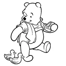 Winnie the pooh watching the duck and holding soap in hand coloring page