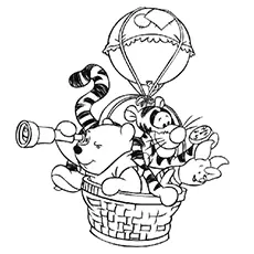 Pooh and friends on air balloon ride coloring page