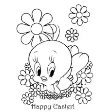 Coloring Sheet of Tweety Bird Celebrating Easter_image