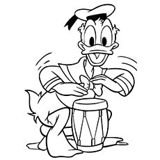 A Cute Donald Duck playing a drum coloring page