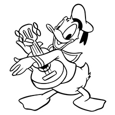 Donald Duck is playing guitar coloring page