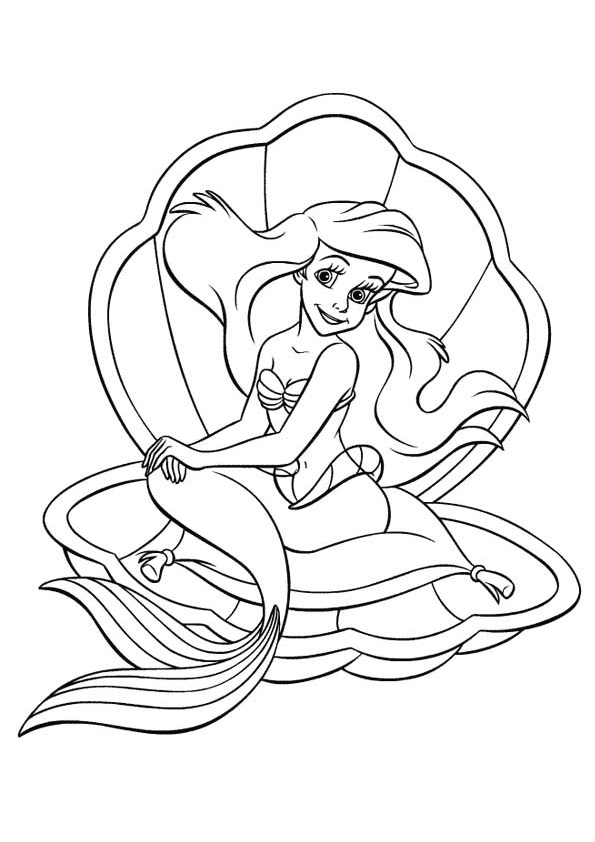 Ariel-Little-Mermaid-Sitting-in-Clam-Shell-Coloring-Page
