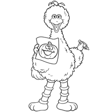 Big Bird with Crayons and Pumpkin Drawing Coloring Page