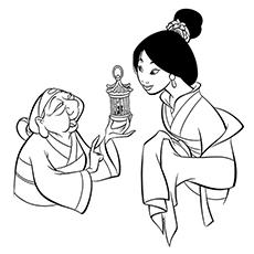 Coloring page of fa giving cri kee to mulan