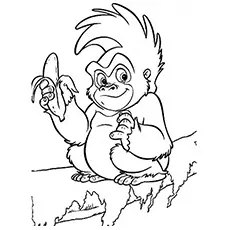 Coloring page of chimp with banana in hand