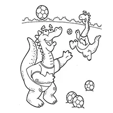 Dinosaurs playing soccer coloring page