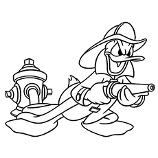 Donald Duck in fireman character, firefighter coloring page
