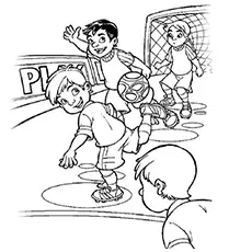 Soccer game in progress coloring page