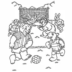 Cartoon animals playing soccer coloring page