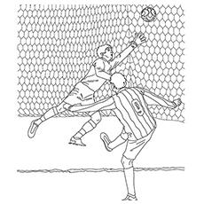 Soccer player scoring a goal coloring page