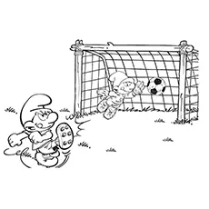 Smurfs playing soccer coloring page