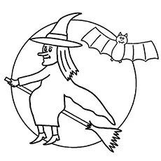 Witch Flying on Magic broom Stick and Bat Coloring Pages