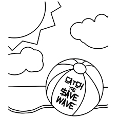 Beach Ball Sun Clouds and Shore Coloring Page
