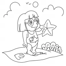 A girl on the beach with starfish coloring pages_image