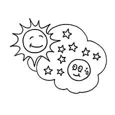 An amazing moon, stars, and sun coloring page