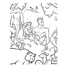 Animals and happy Adam and Eve coloring pages