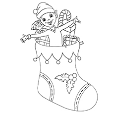 Elf in Christmas stocking coloring page