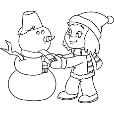 Printable girl making a snowman coloring page