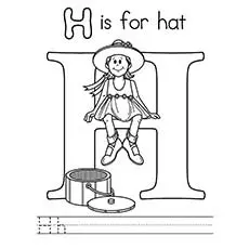 Girl wearing hat sitting on letter H coloring pages