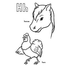 Animals horse and hen starting with letter H coloring pages
