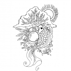 Koi fish with tree and sun coloring page