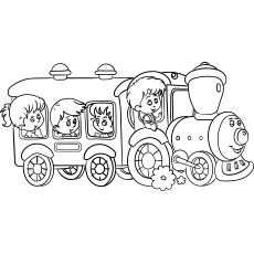 Little kids riding on toy train preschool coloring page