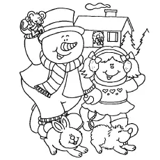 Printable little girl and snowman coloring pages