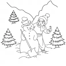 Printable kid playing with snowman coloring pages