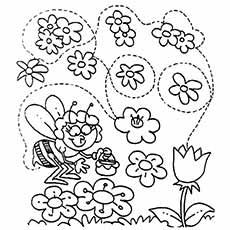 Bee on flower, spring coloring page