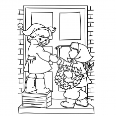 Children decorating the house on Christmas coloring page