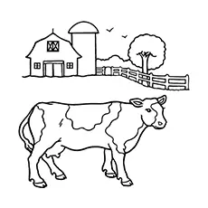 Coloring Sheet of Cow With Barn In The Background