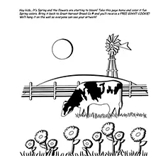 Free Printable Cow With Blooming Flowers in the Morning Coloring Pages