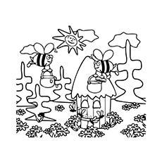 The flowers, bees, and sun coloring page