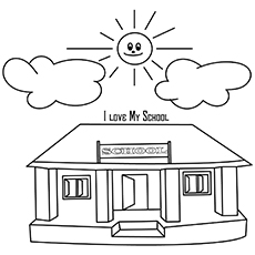 The happy sun and school coloring page