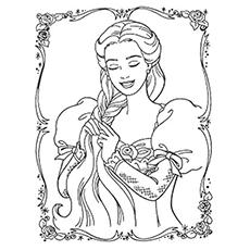 Rapunzel braiding her long hair coloring pages