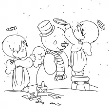 Snowman as angel, cheerful angels coloring page